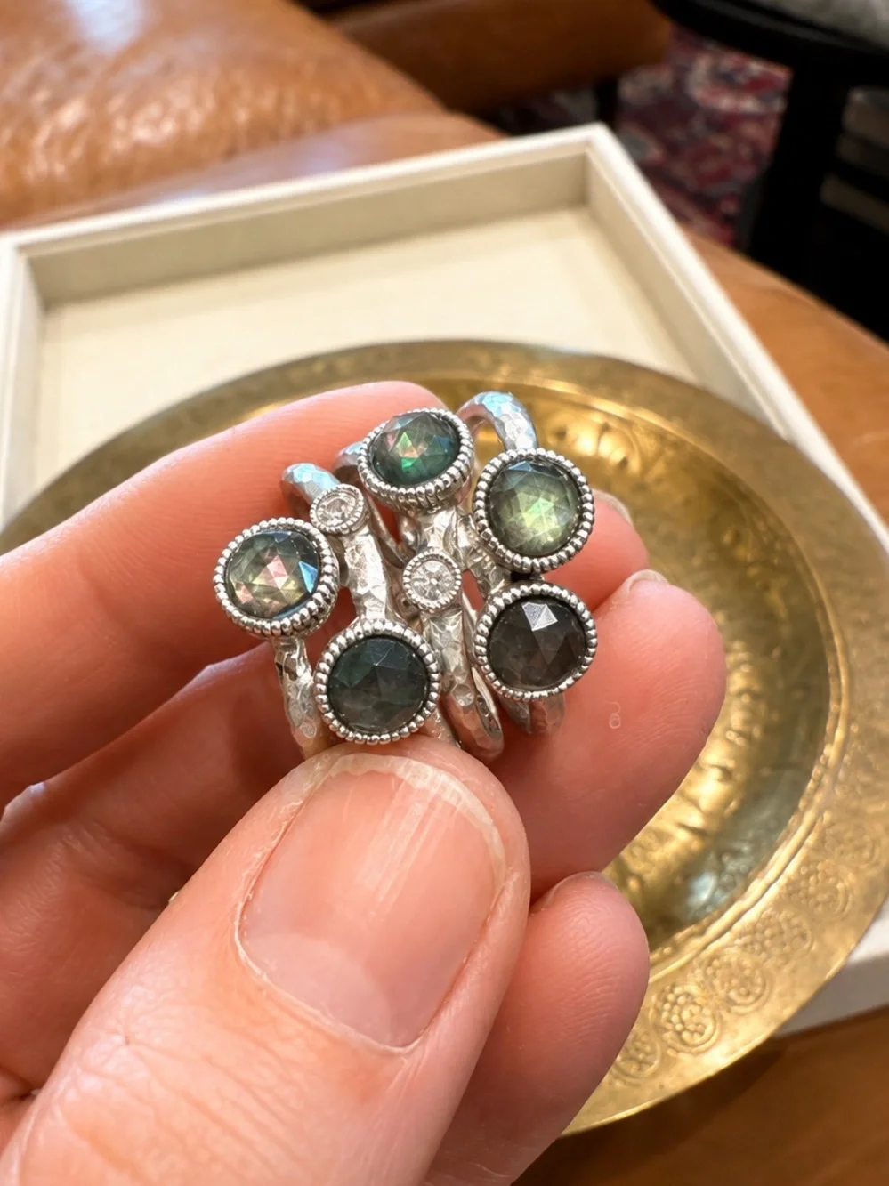 Vintage Silver Tone Multi Gemstone Statement Ring Size 7 Green Gray Faceted